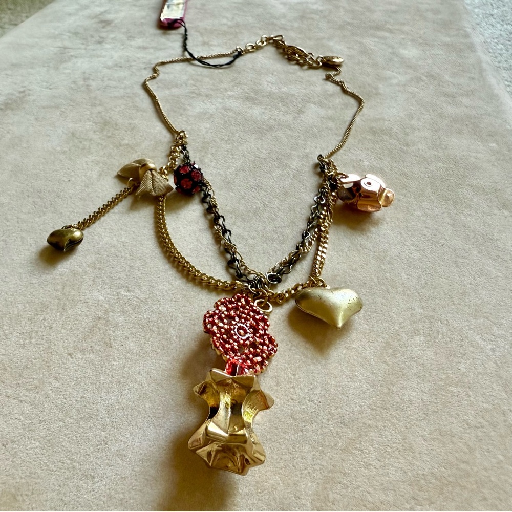 BETSEY JOHNSON Gold and Red Charm Necklace